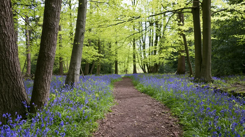 Narrow dirt path winding through a bluebell wood in spring