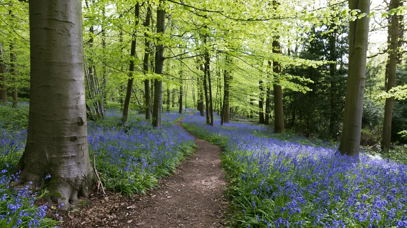 Narrow dirt path winding through a forest carpeted with bluebells under a green leafy canopy