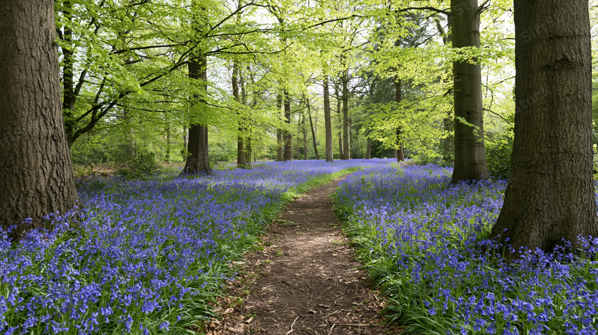 Narrow dirt path winding through a bluebell forest in spring