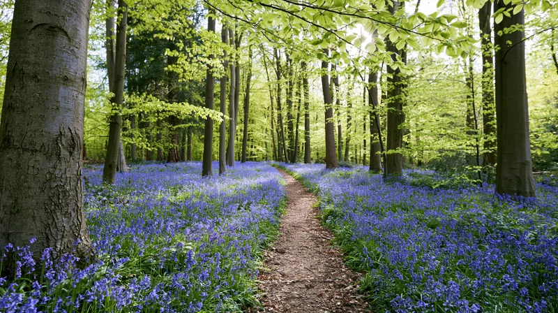 Narrow dirt path winding through a bluebell forest in spring