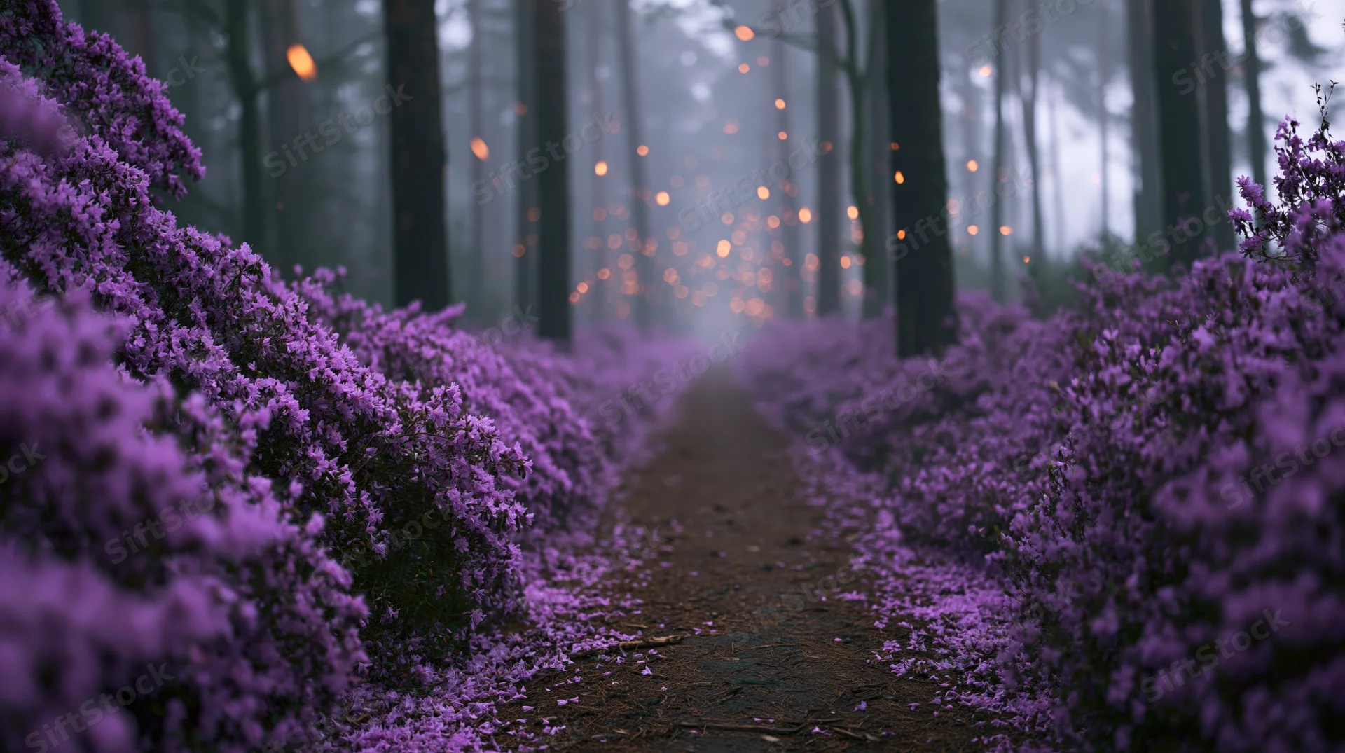Narrow dirt path lined with dense purple flowering shrubs in a misty forest