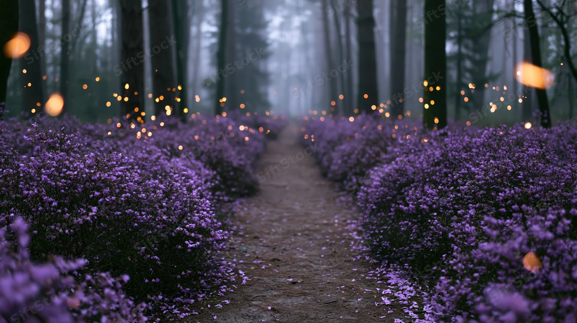 Narrow dirt path through a forest lined with dense purple flowering shrubs under misty twilight with glowing bokeh lights