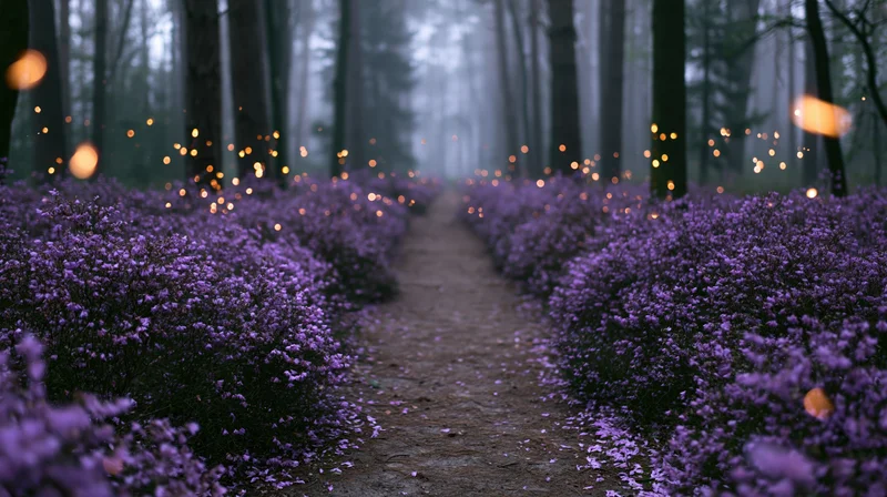 Narrow dirt path through a forest lined with dense purple flowering shrubs under misty twilight with glowing bokeh lights