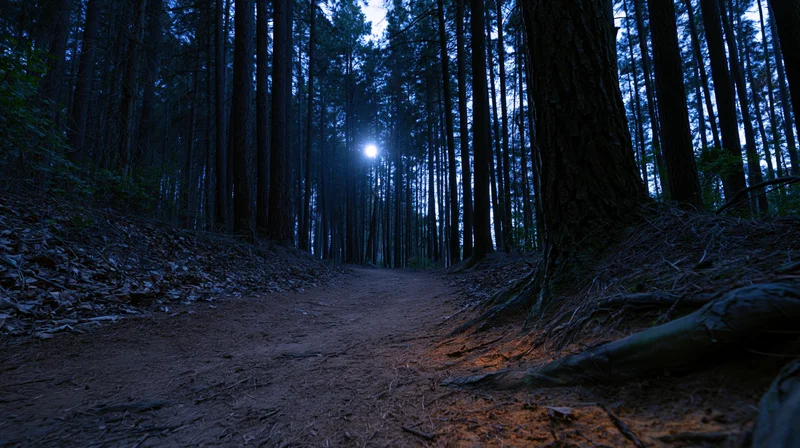 Narrow dirt path winding through dense forest at night under moonlight