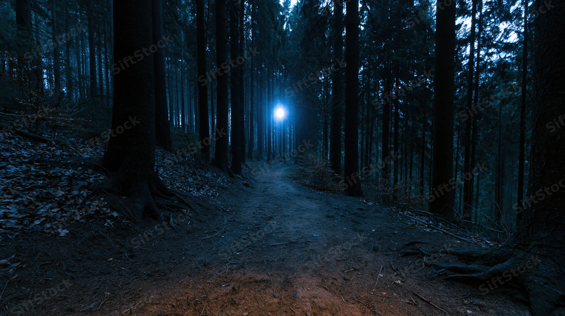 Narrow dirt path winding through dense forest at night with a glowing light ahead