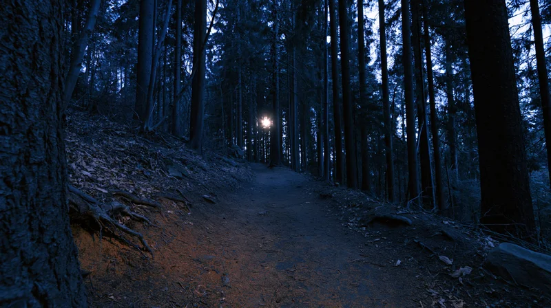 Narrow dirt path winding through dense forest at night, illuminated by distant light