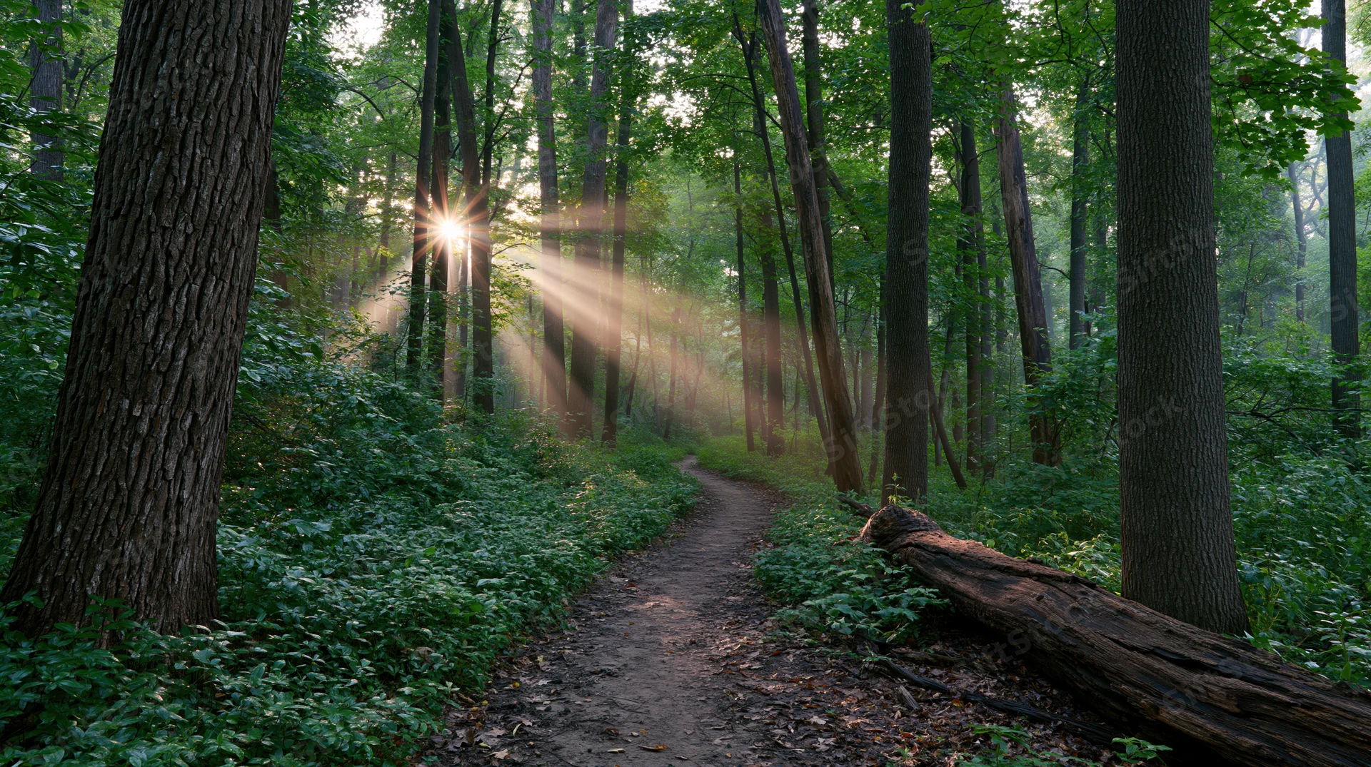 Narrow dirt path winding through dense deciduous forest with sunlight streaming through trees