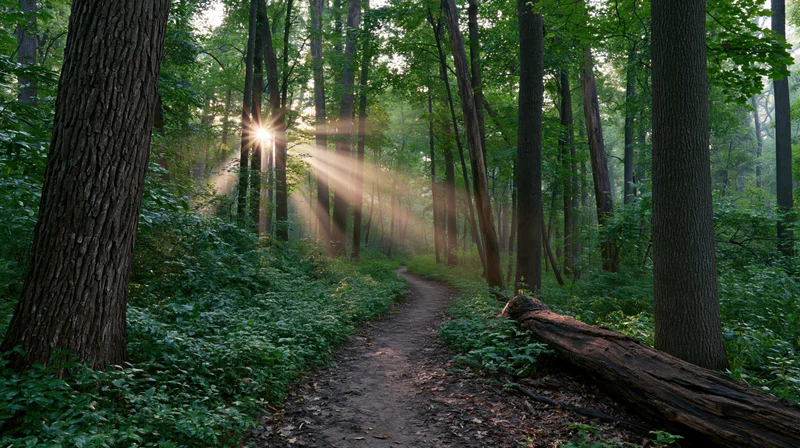 Narrow dirt path winding through dense deciduous forest with sunlight streaming through trees