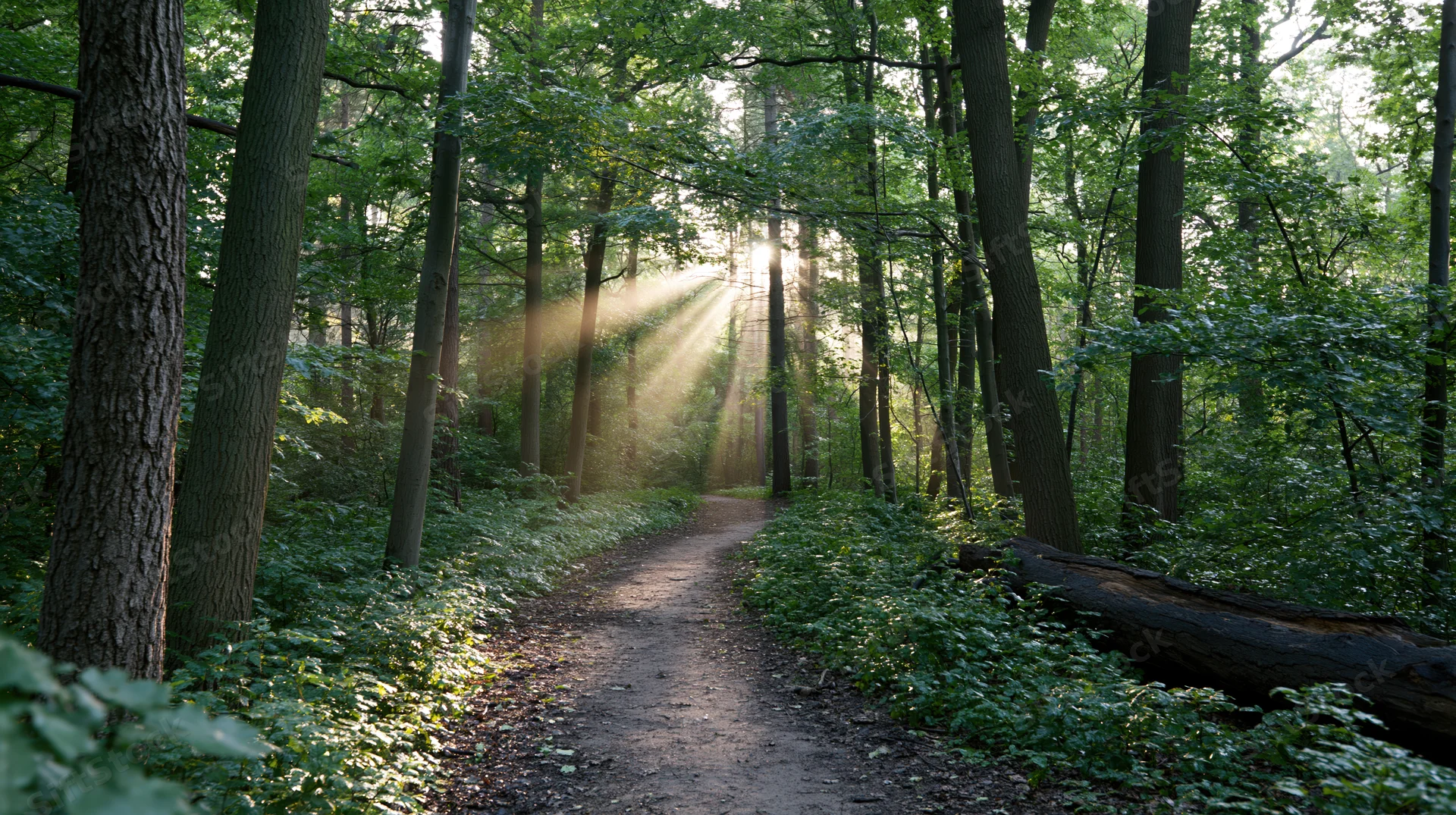 Narrow dirt path winding through dense deciduous forest with sunlight streaming through trees