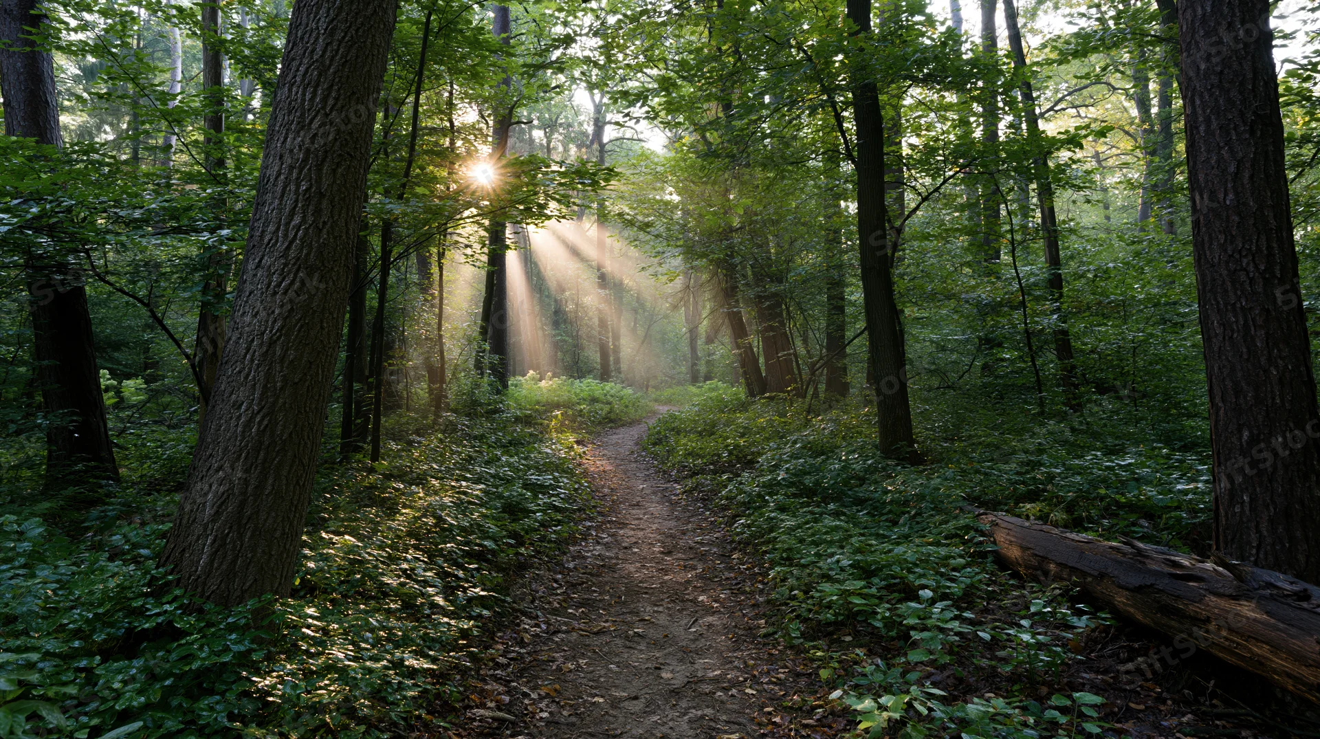 Narrow dirt path winding through dense deciduous forest with sunlight streaming through trees