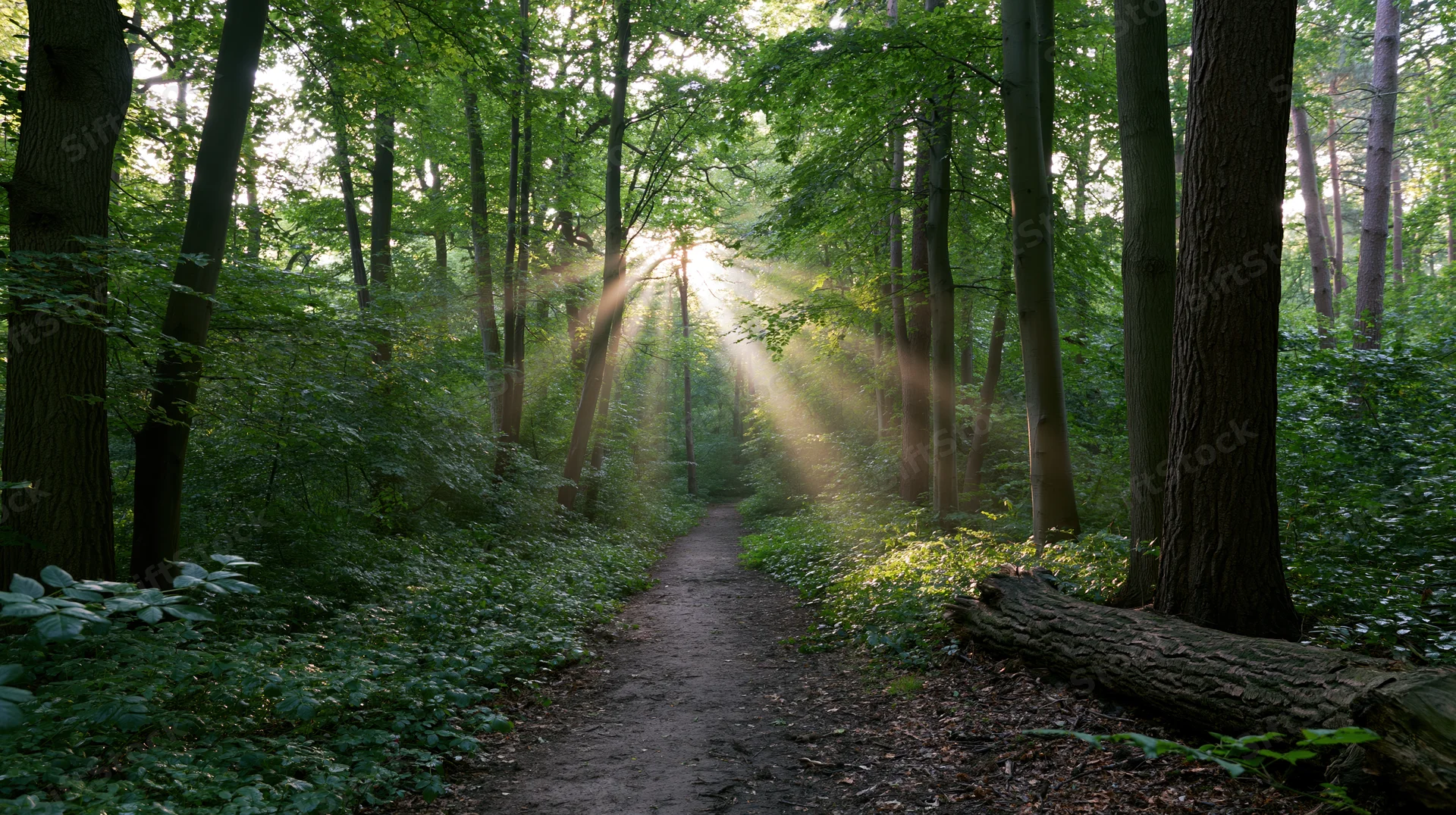 Narrow dirt path winding through dense deciduous forest with sunlight streaming through canopy
