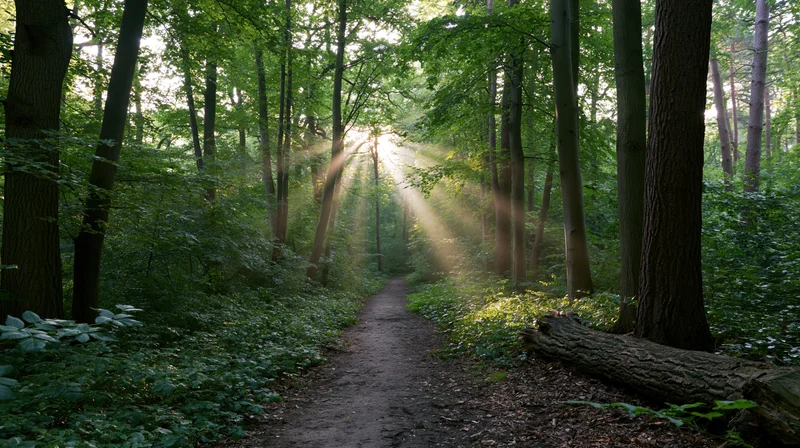 Narrow dirt path winding through dense deciduous forest with sunlight streaming through canopy