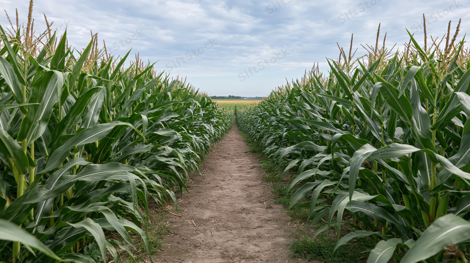 Narrow dirt path cutting through tall green cornfield rows under cloudy sky