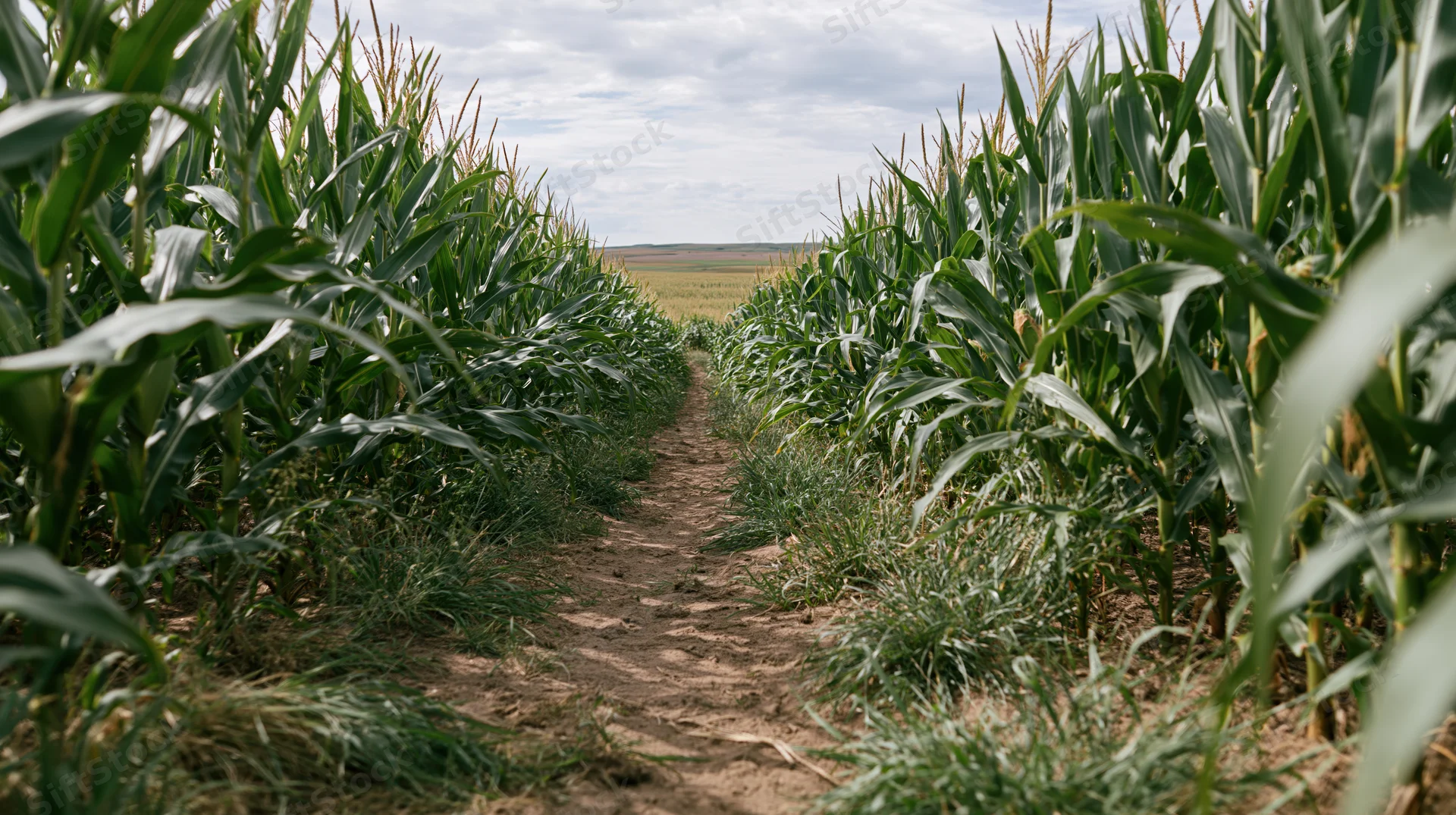 Narrow dirt path cutting through tall green cornfield rows under cloudy sky