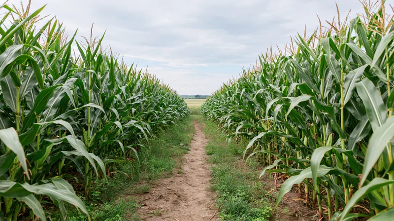 Narrow dirt path cutting through tall green cornfield rows under overcast sky