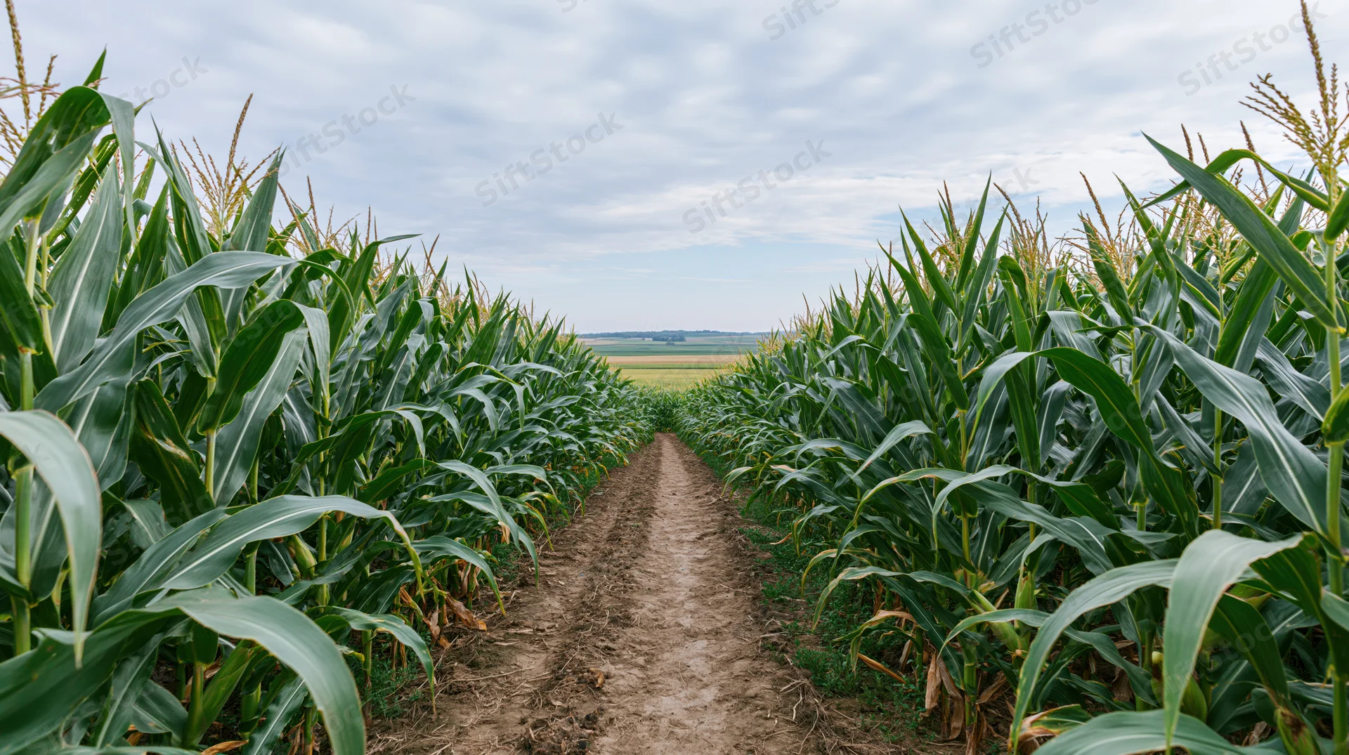 Narrow dirt path cutting through tall green cornfield rows under overcast sky