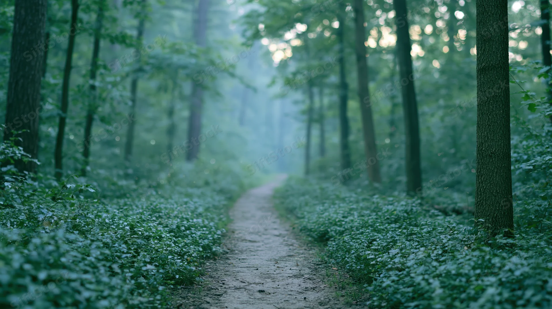 Narrow dirt path winding through dense green forest with soft light filtering through trees
