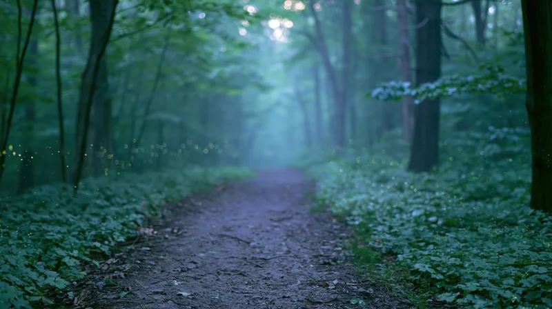 Narrow dirt path winding through dense deciduous forest with mist and dappled light filtering through canopy