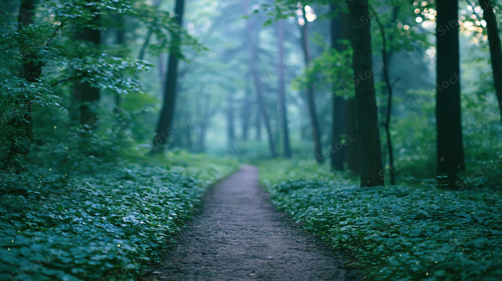 Narrow dirt path winding through dense green forest with misty morning light filtering through trees