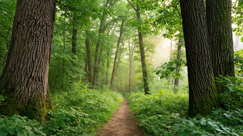 Narrow dirt path winding through dense deciduous forest with sunlight filtering through canopy