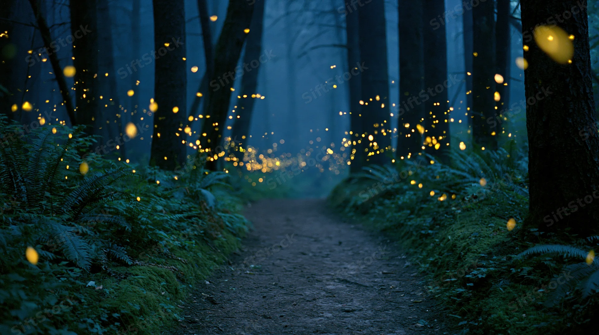 Narrow dirt path winding through dense forest at night with glowing fireflies among trees and ferns