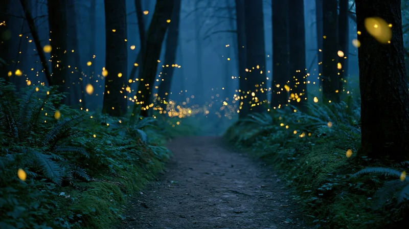 Narrow dirt path winding through dense forest at night with glowing fireflies among trees and ferns