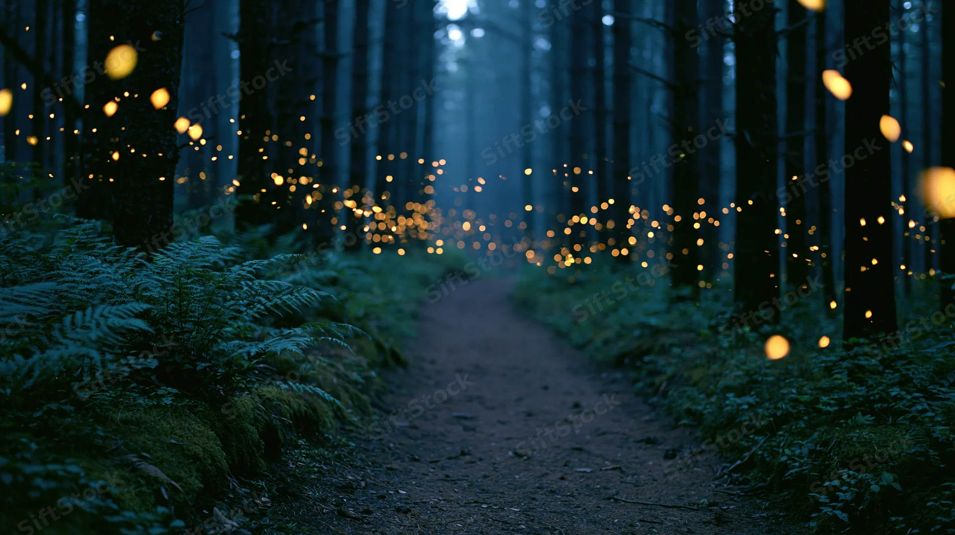 Narrow dirt path winding through dense forest at night with glowing fireflies and ferns lining the sides