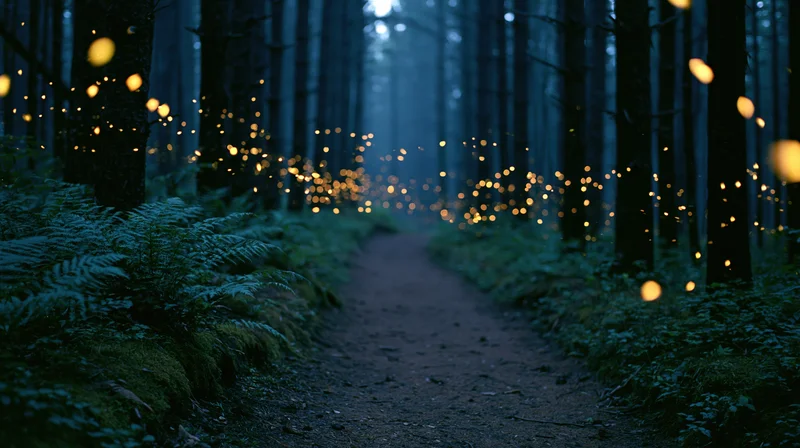 Narrow dirt path winding through dense forest at night with glowing fireflies and ferns lining the sides
