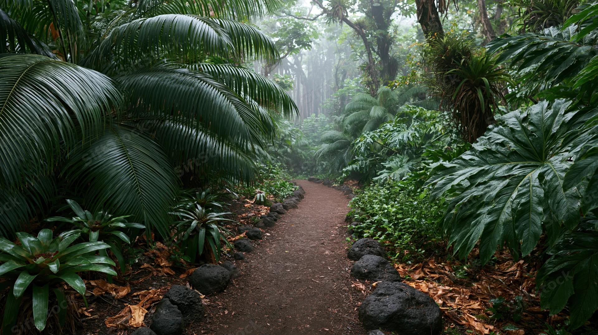 Narrow dirt path winding through dense tropical jungle flanked by lush green foliage and misty trees