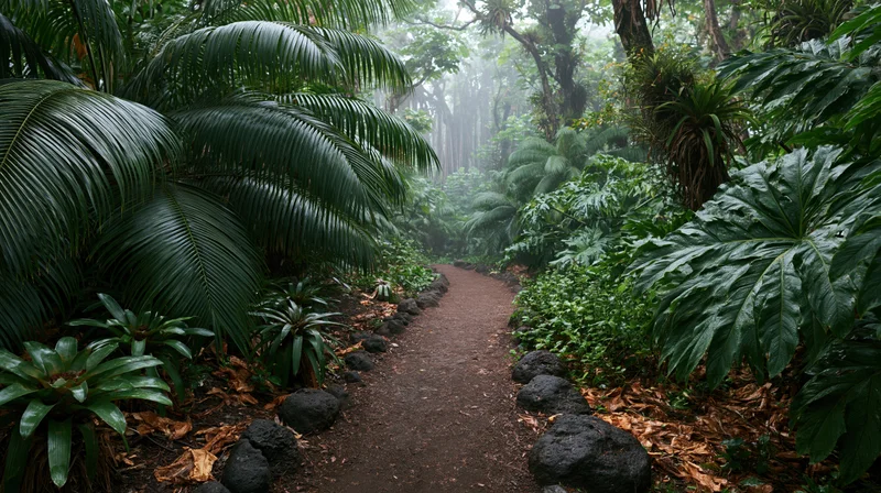 Narrow dirt path winding through dense tropical jungle flanked by lush green foliage and misty trees