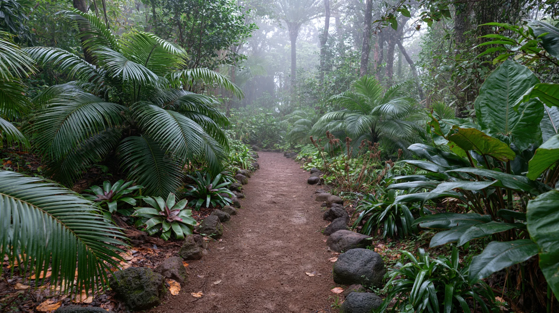Narrow dirt path winding through dense tropical jungle flanked by lush green foliage and misty trees