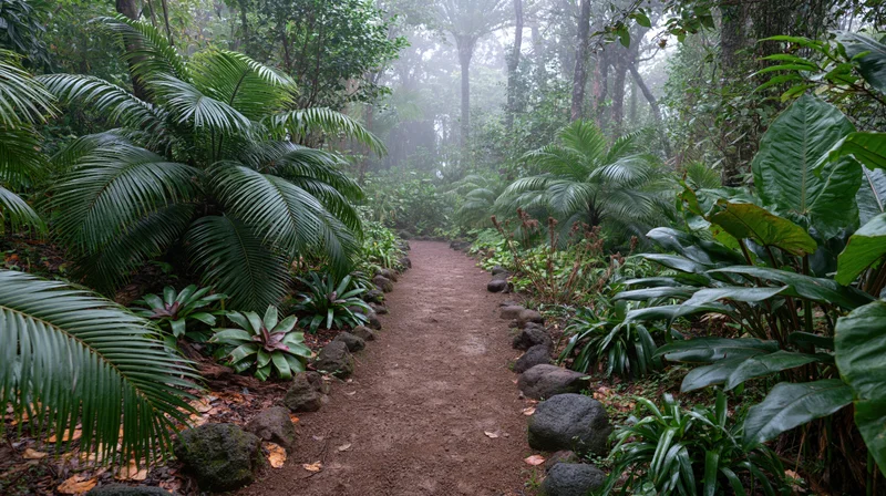 Narrow dirt path winding through dense tropical jungle flanked by lush green foliage and misty trees