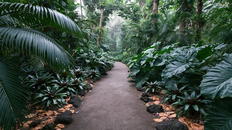 Narrow dirt path winding through dense tropical jungle flanked by lush green plants and trees