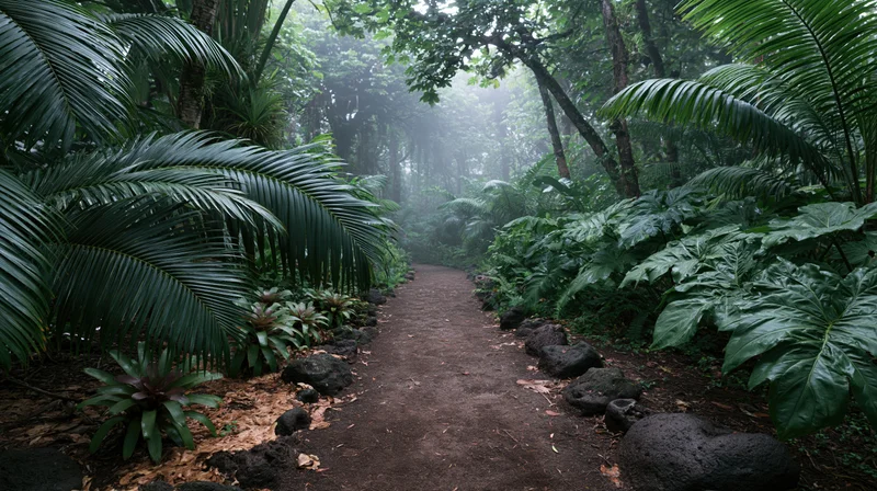 Narrow dirt path winding through dense tropical jungle flanked by lush green foliage and misty trees