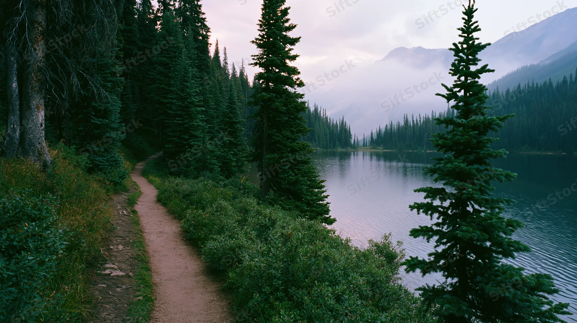 Narrow dirt trail winding alongside a still mountain lake surrounded by dense evergreen forest