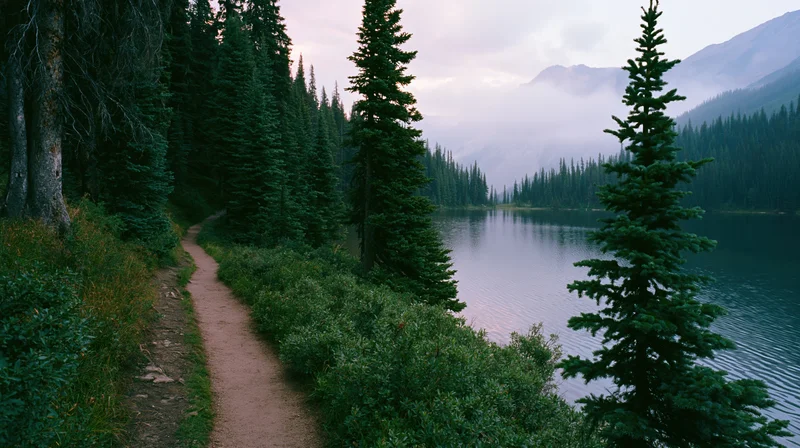 Narrow dirt trail winding alongside a still mountain lake surrounded by dense evergreen forest