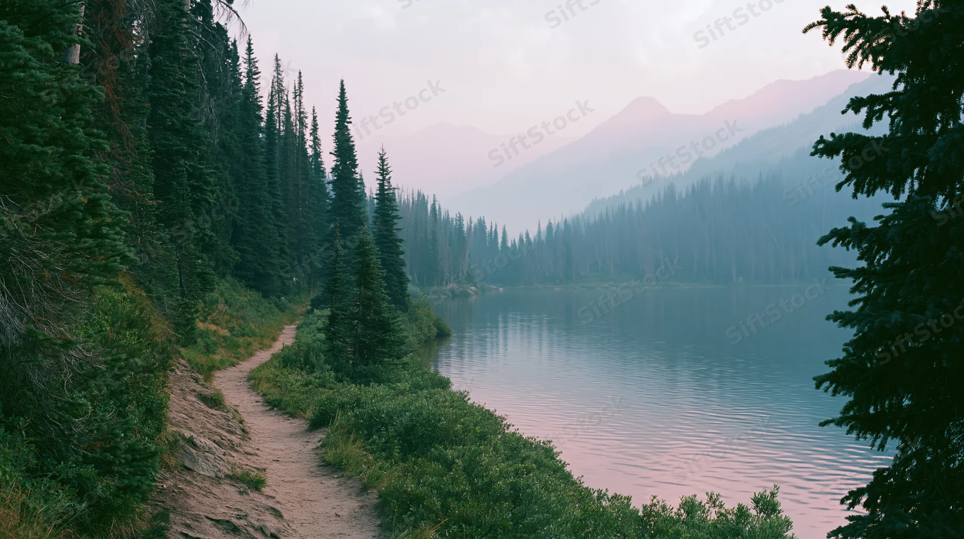 Narrow dirt trail winding alongside a still mountain lake surrounded by evergreen forest at dusk