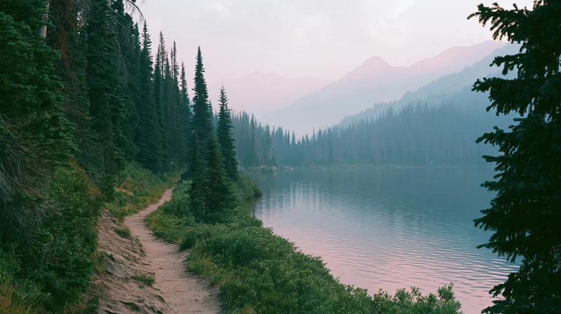 Narrow dirt trail winding alongside a still mountain lake surrounded by evergreen forest at dusk