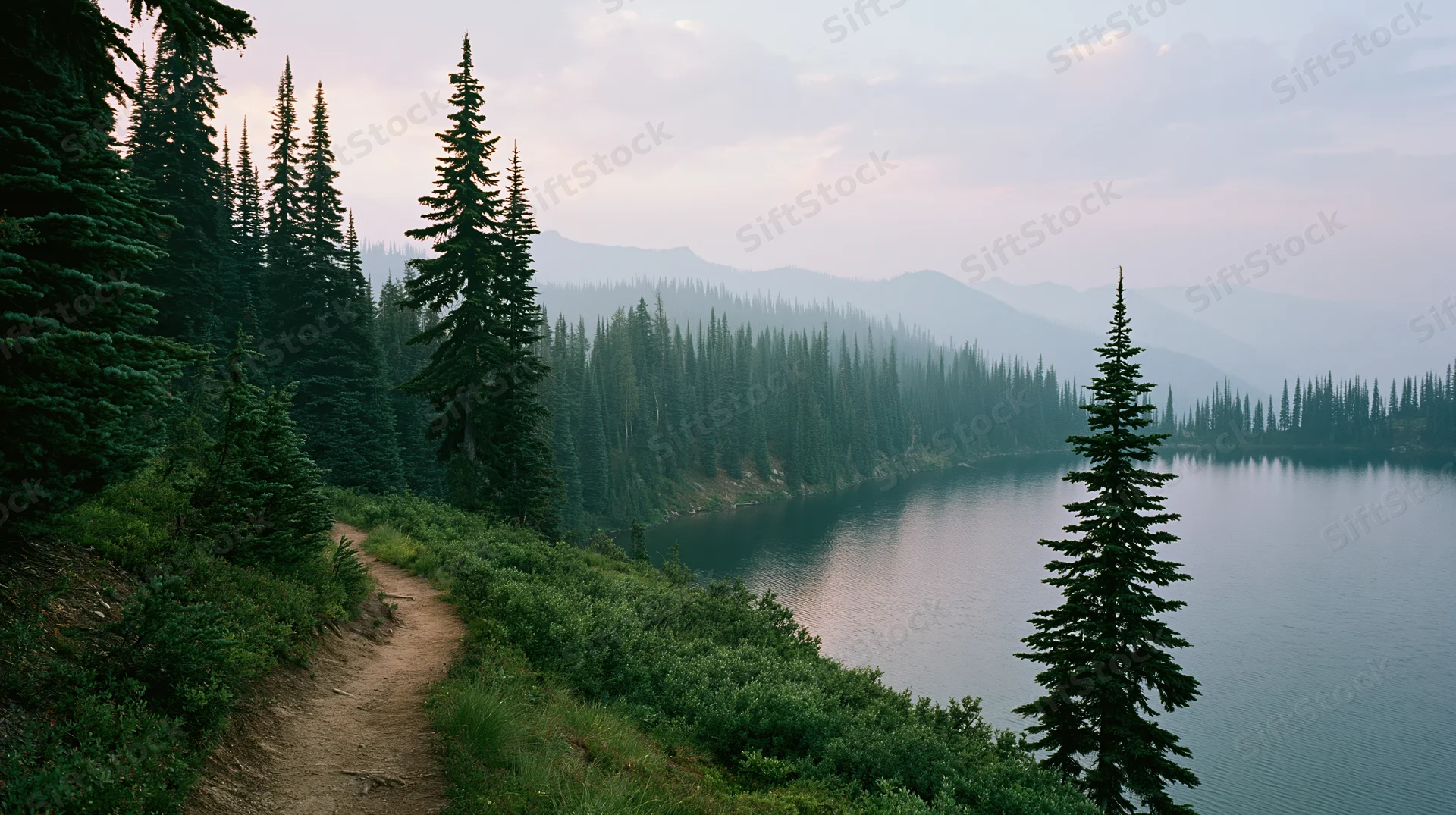 Narrow dirt trail winding alongside a still mountain lake surrounded by evergreen forest at dusk