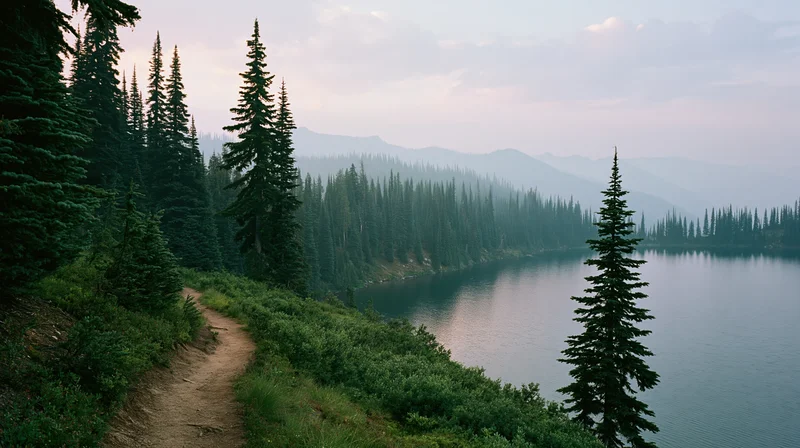 Narrow dirt trail winding alongside a still mountain lake surrounded by evergreen forest at dusk