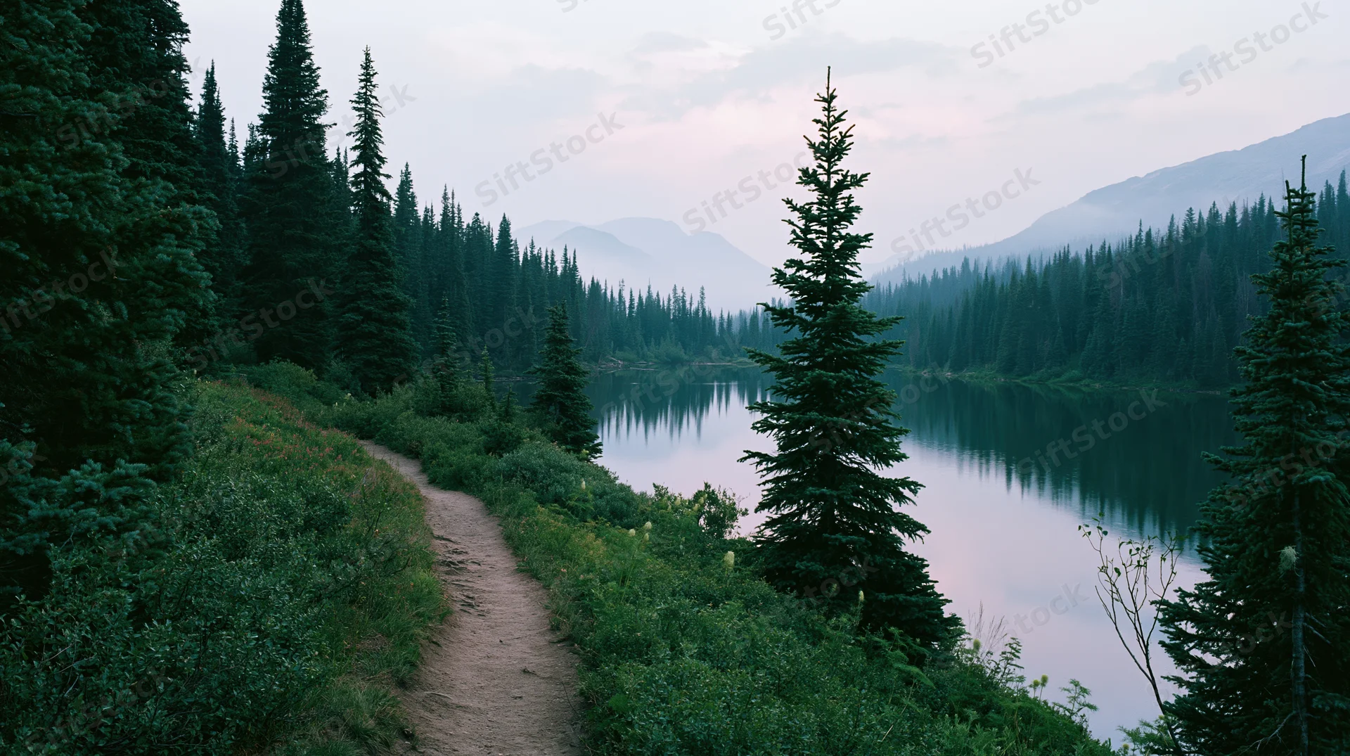 Narrow dirt trail winding alongside still mountain lake surrounded by dense evergreen forest