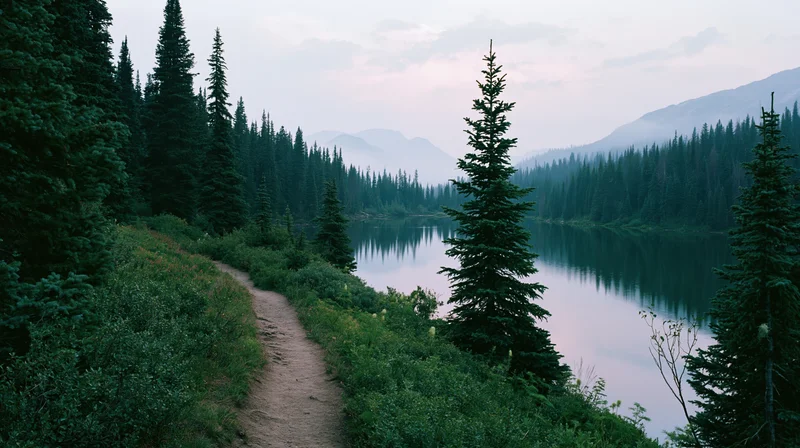 Narrow dirt trail along a mountain lake surrounded by pines