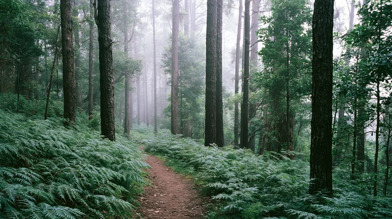 Narrow dirt trail winding through dense tropical rainforest with tall trees and lush ferns under misty conditions
