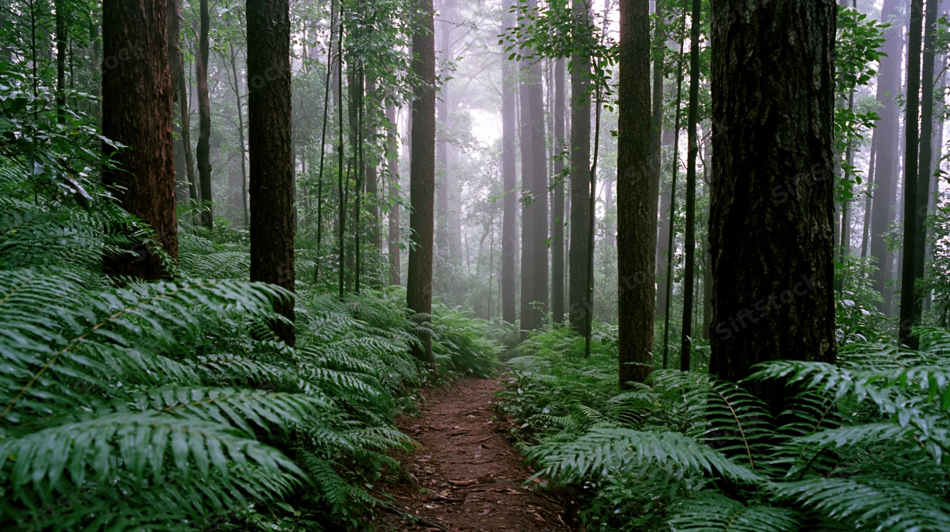 Narrow dirt trail winding through dense forest with ferns and tall trees in misty atmosphere