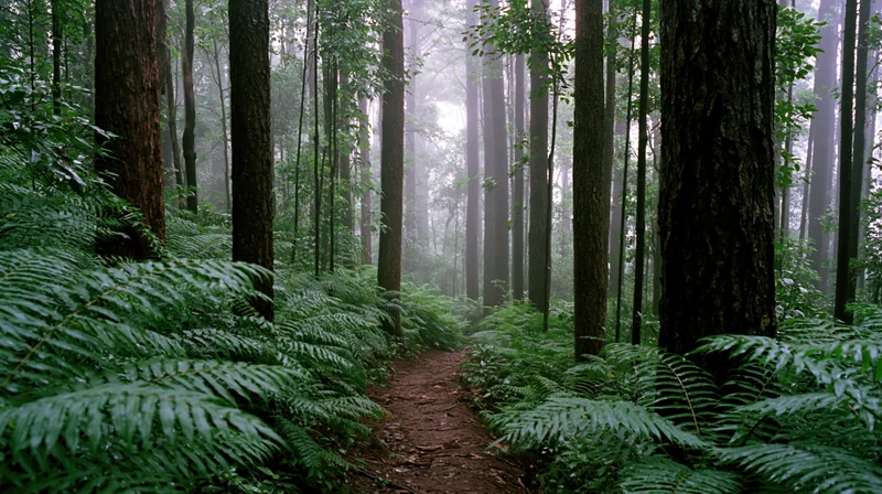 Narrow dirt trail winding through dense forest with ferns and tall trees in misty atmosphere