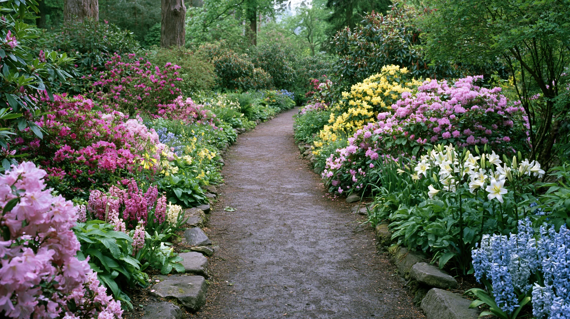 Narrow gravel path winding through a lush garden bordered by blooming flowers and green shrubs