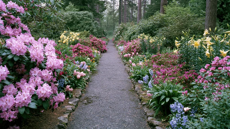 Narrow gravel path lined with blooming rhododendrons and lilies in a lush woodland garden