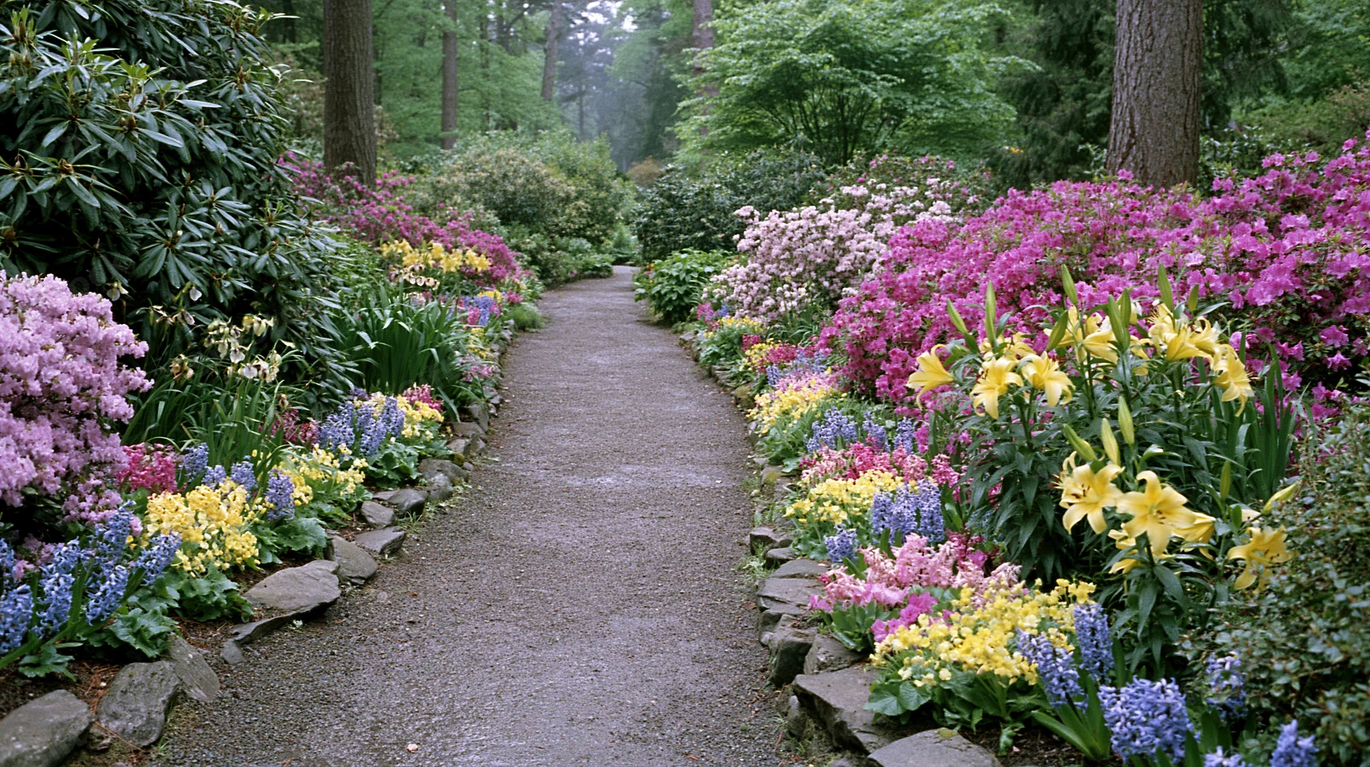 Narrow gravel path lined with blooming flowers and shrubs in a lush woodland garden