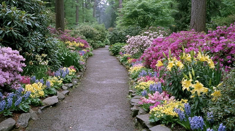 Narrow gravel path lined with blooming flowers and shrubs in a lush woodland garden
