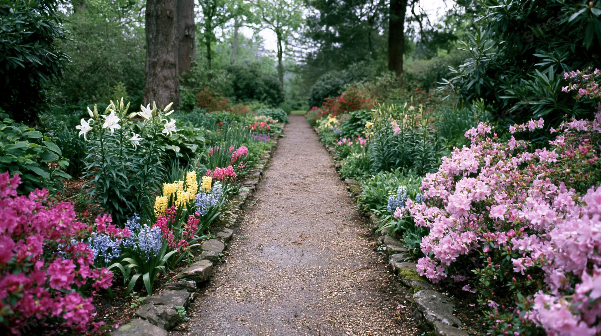 Narrow gravel path lined with blooming flowers and greenery in a woodland garden